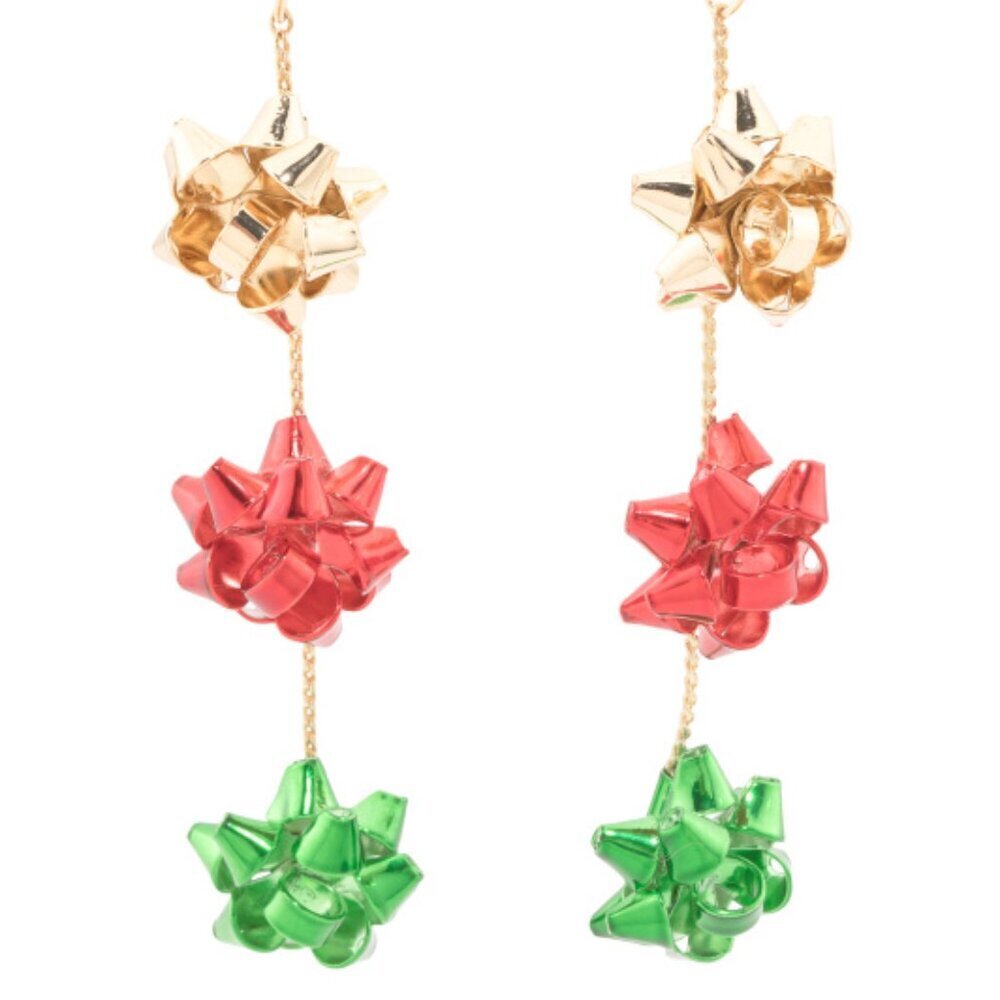 NWT TRUE TO FORM Gift Bow Dangle Chain Red Green Gold Festive Christmas Earrings